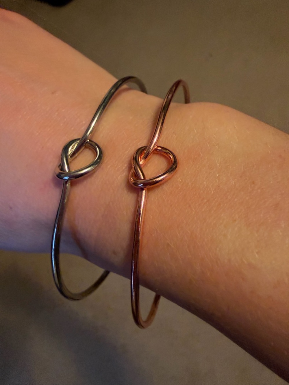Heart Knot Bangle Bracelet - Rose Gold and Silver - Women Jewelry